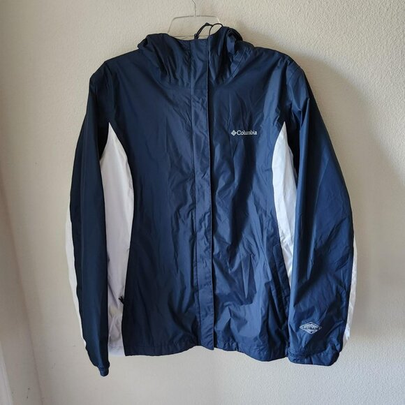 Columbia Jackets & Blazers - Columbia-sportswear women's navy and white hooded waterproof rain jacket Size XL
